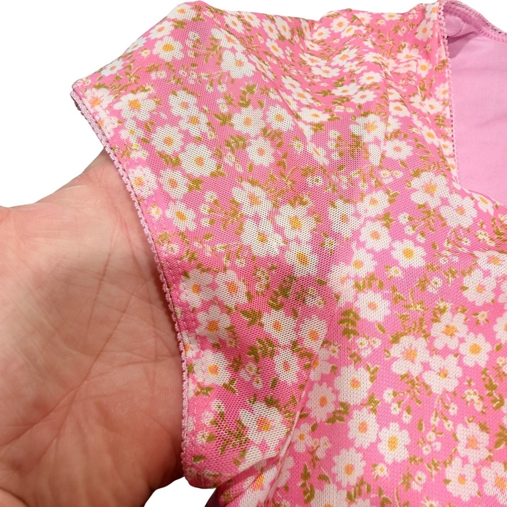Forever 21 Plus Mesh Mini Dress Size 2X Pink Floral Stretch Coquette Cottagecore - Picture 5 of 9